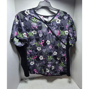 Women's Cherokee Gray Floral & Pink Ribbon Short Sleeve Tee 2X